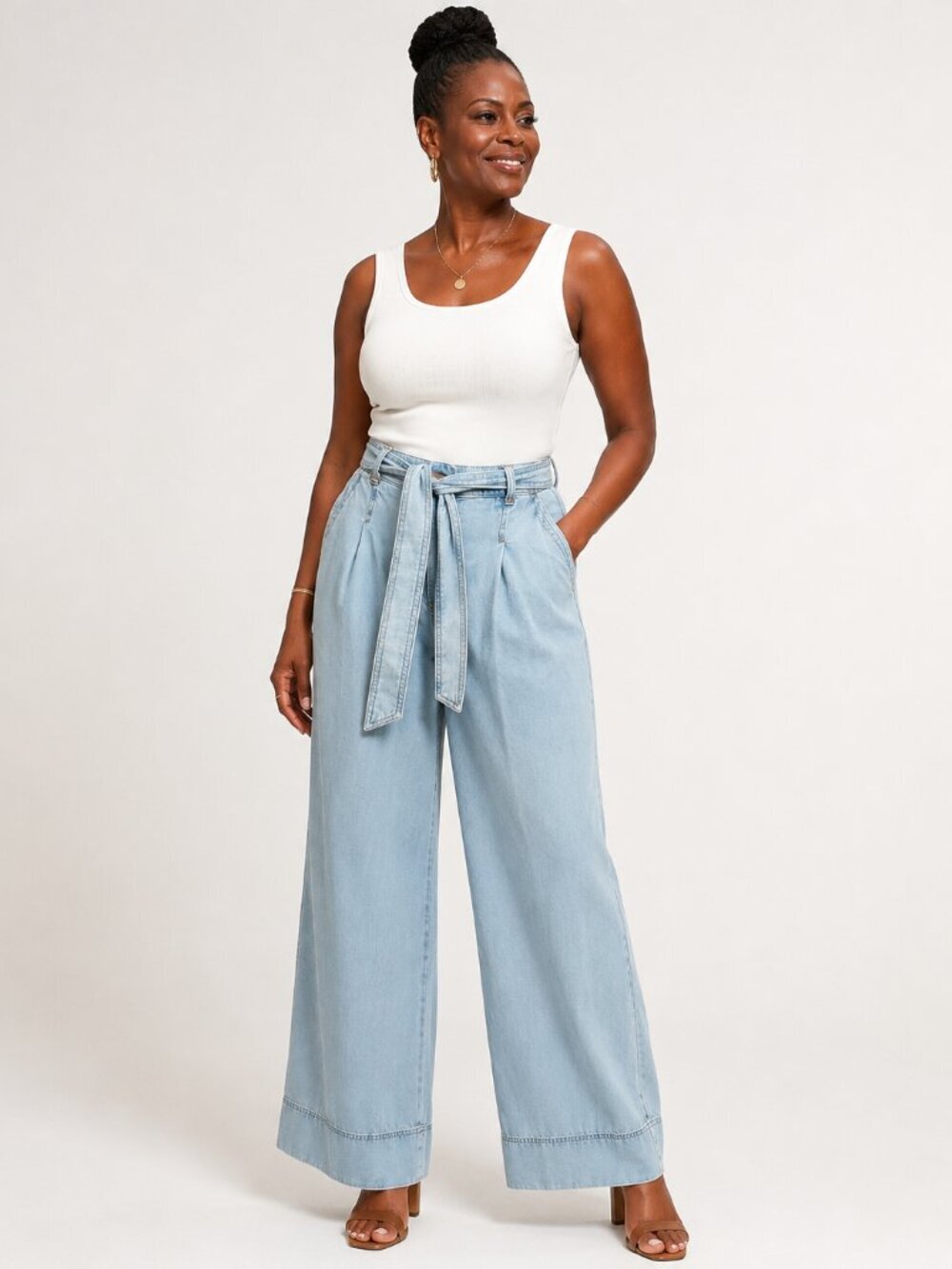LOFT Light Wash High Rise Paperbag Tie Waist Wide Leg Palazzo Trouser Jeans Sz 6